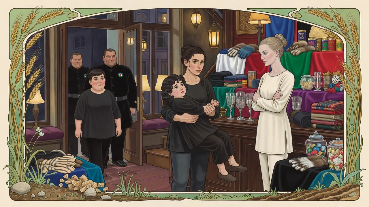 In a lamplit shop at evening, a stocky young woman walks in followed by two big guards in black, while a shopkeeper lifts a startled little girl and a tall blond woman folds her arms indignantly.