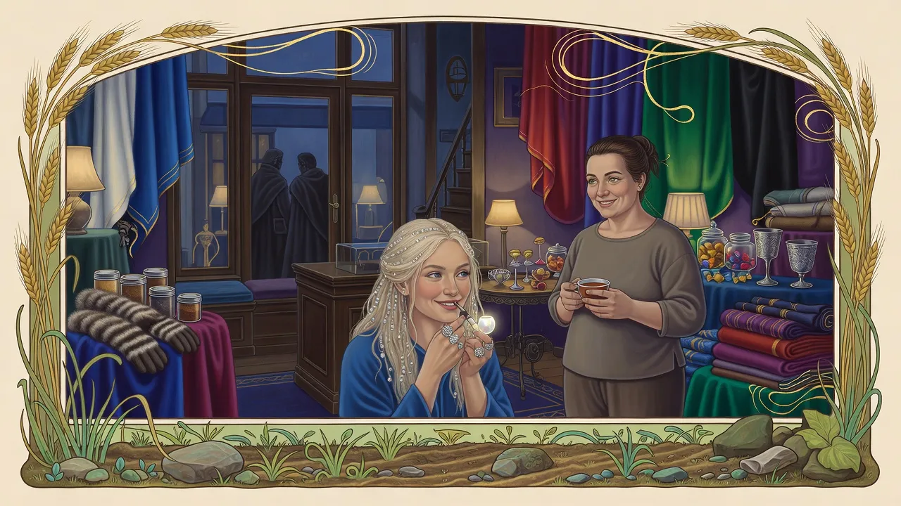 In a lamplit shop at evening, a small woman with beaded pale hair lifts a tiny pearly pipe to her lips while another woman watches politely over a cup of tea, two cloaked men waiting outside the glass door.