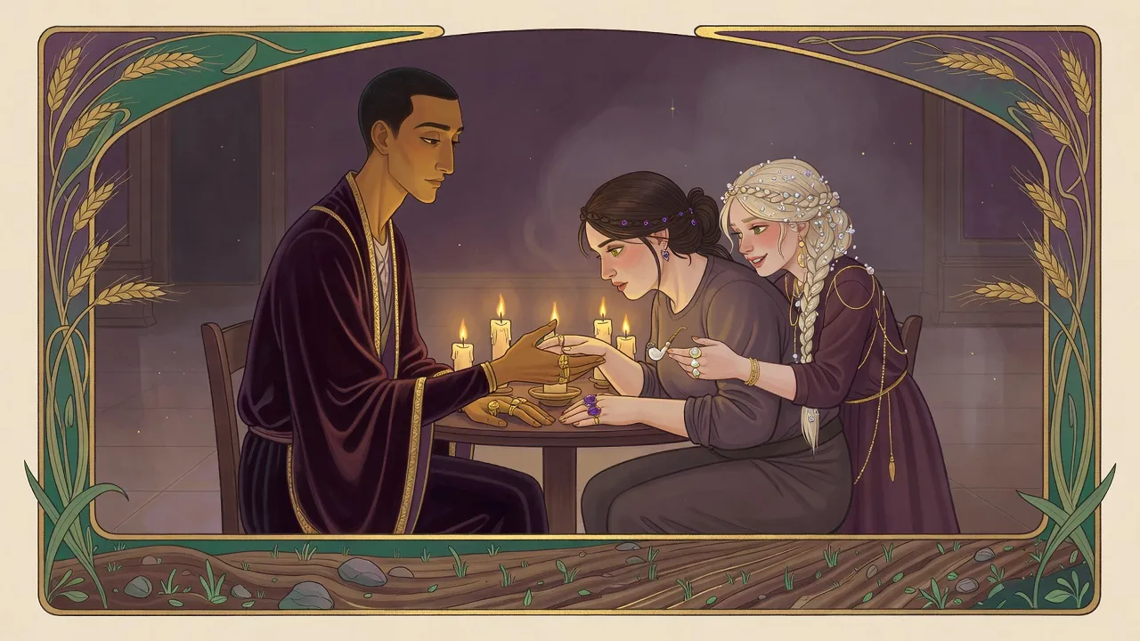 In the dim corner of a candlelit hall, a tall thin man at a table apart holds up his palm to a bowing woman while a smiling woman with pearls in her pale hair presents her.