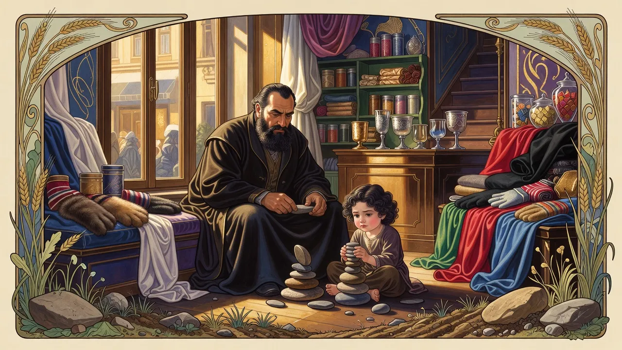 In a shop’s sunny window seat, a big bearded man and a small dark-haired girl balance flat stones into little towers, absorbed.