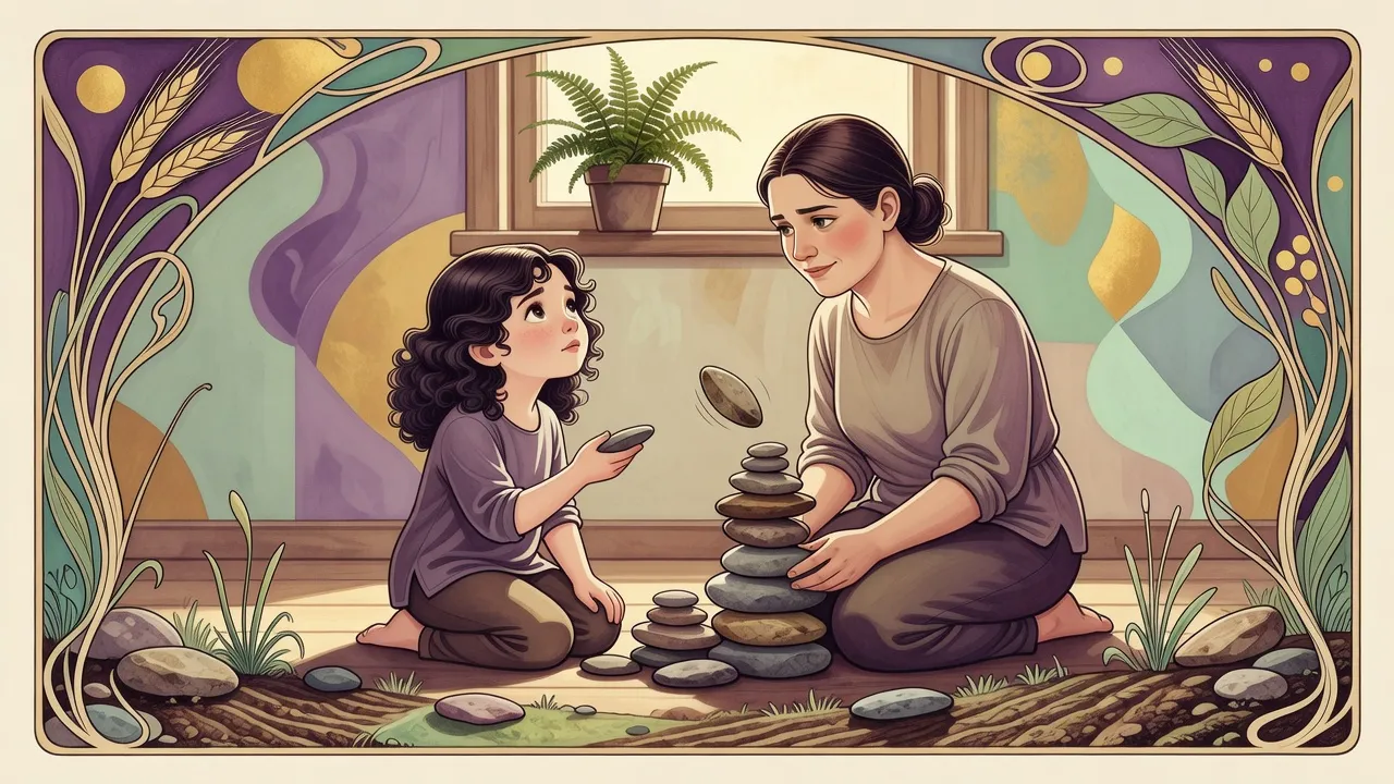 A woman and a little girl kneel side by side building towers of flat stones, the woman’s tower toppling while the girl watches gravely.