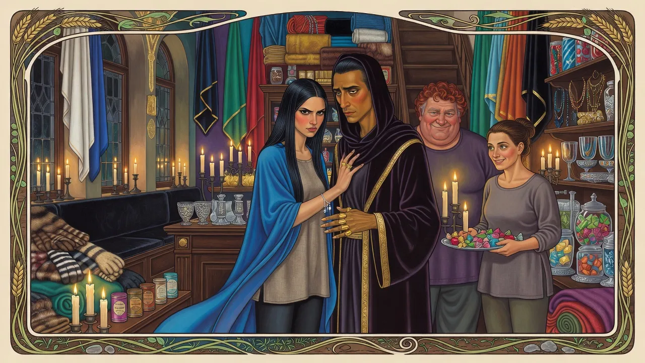In a candlelit shop, a tall black-haired woman in vivid blue confronts a hooded man while a big red-haired older man and the hostess look on.