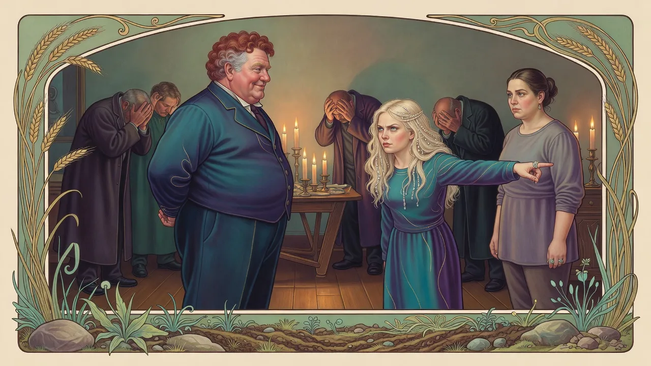 A cheerful red-haired older man speaks politely to a furious woman with beaded hair while three guards double over clutching their heads.