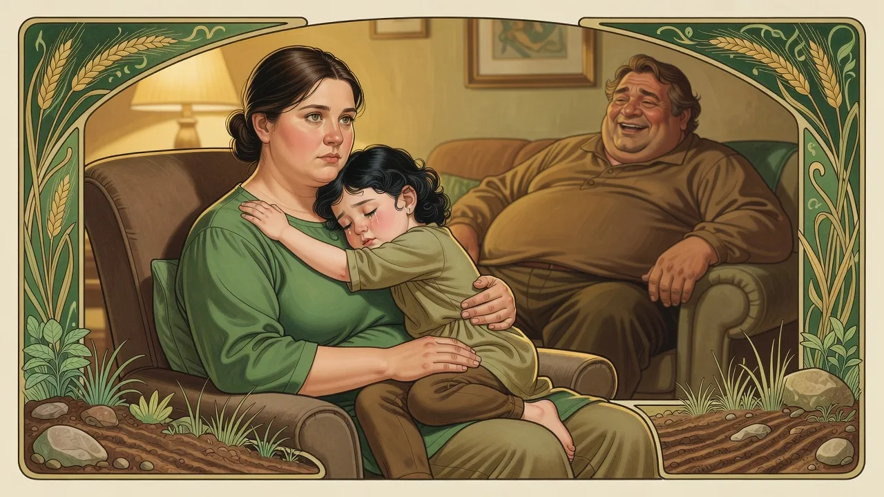A little dark-haired girl in a woman’s lap throws her arms around the woman’s neck while a big brown-haired man laughs nearby.