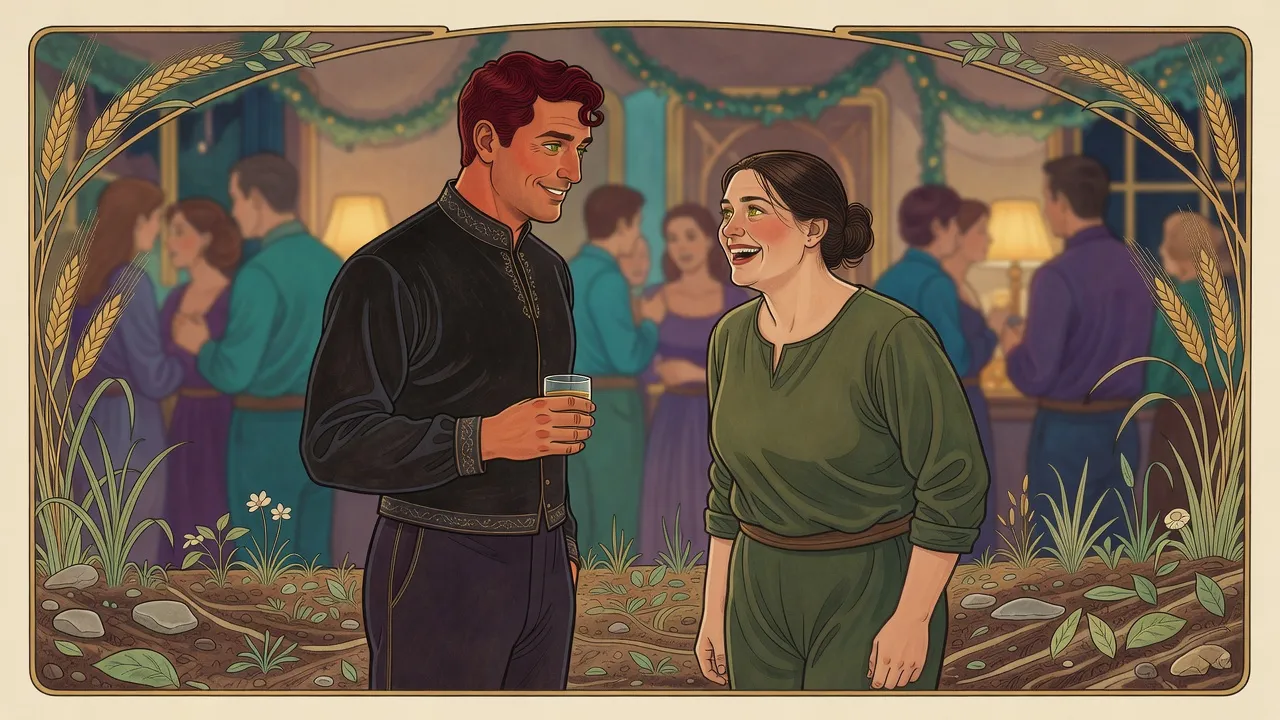 At a crowded, lamplit family party hung with garlands of greenery, a red-haired man speaks seriously while a stocky dark-haired woman beside him bursts out laughing.
