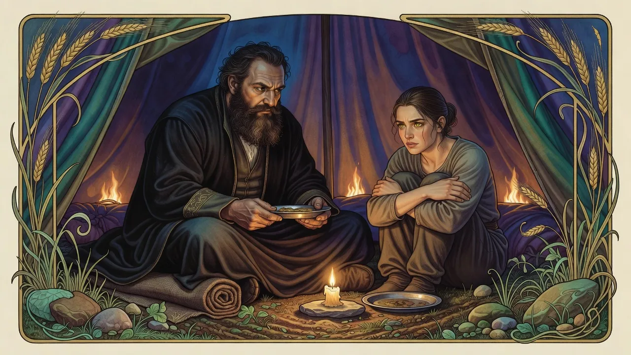 Inside a small candlelit tent, a big bearded man with a plate of food speaks calmly while a woman hugging her knees stares at him in grief.