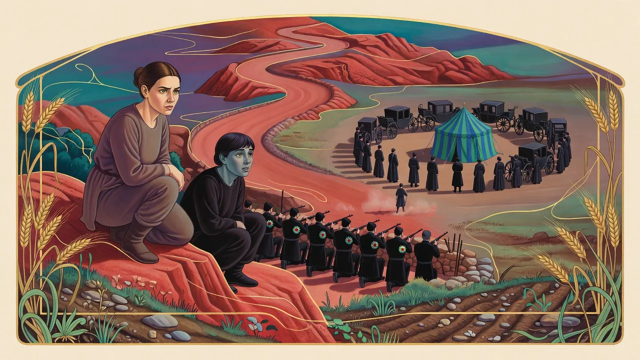 From a high red rock above a dusty road, two women watch soldiers behind a barricade face a ring of foreign guards around a halted convoy, while one small soldier walks out between them.