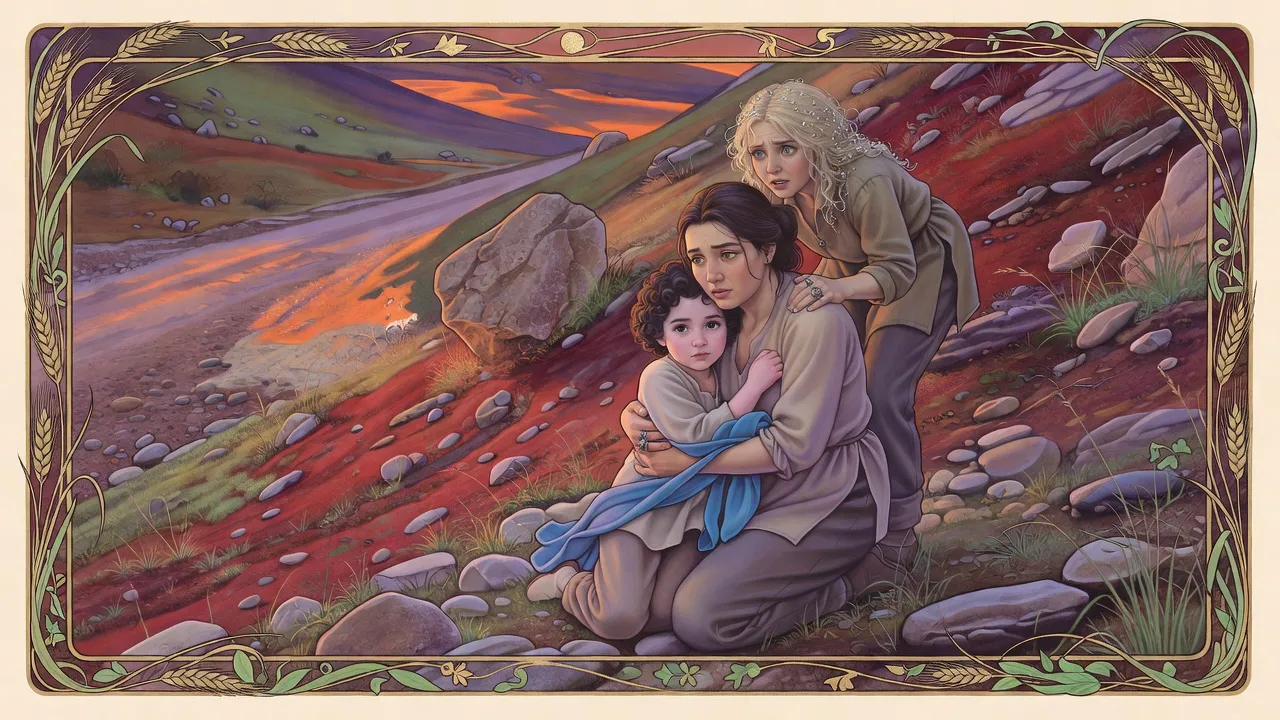 At sunset on a rocky slope, a woman kneels and gathers a little girl wrapped in blue cloth into her arms beside a big rock while another woman with beaded hair leans over them anxiously.