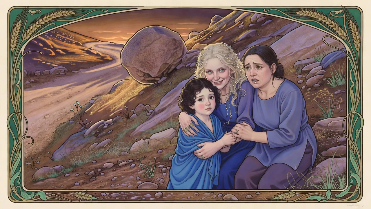 On a rocky slope at sunset, a woman with beaded hair grips another woman’s arm, her face crumpling in grief and disbelief, while the other holds a small child by the hand.