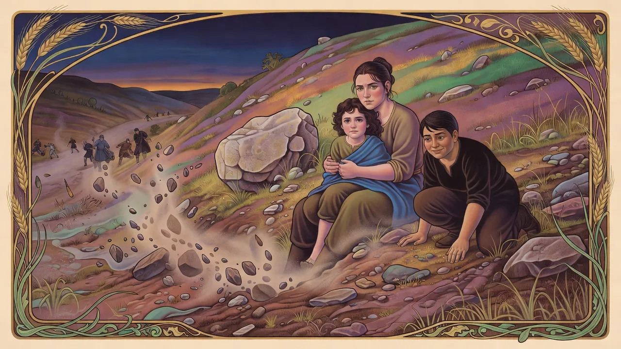 On a shaking hillside at dusk, a woman sits clutching a small child while a young woman crouches beside them and loose stones bounce down the slope toward fleeing soldiers.
