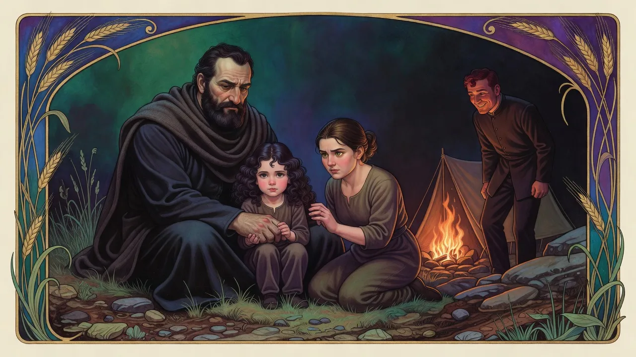 Beside a small campfire at night, a little girl sits holding a pale bearded man’s big hands while a woman beside her reaches out and a red-haired man watches from the shadows.