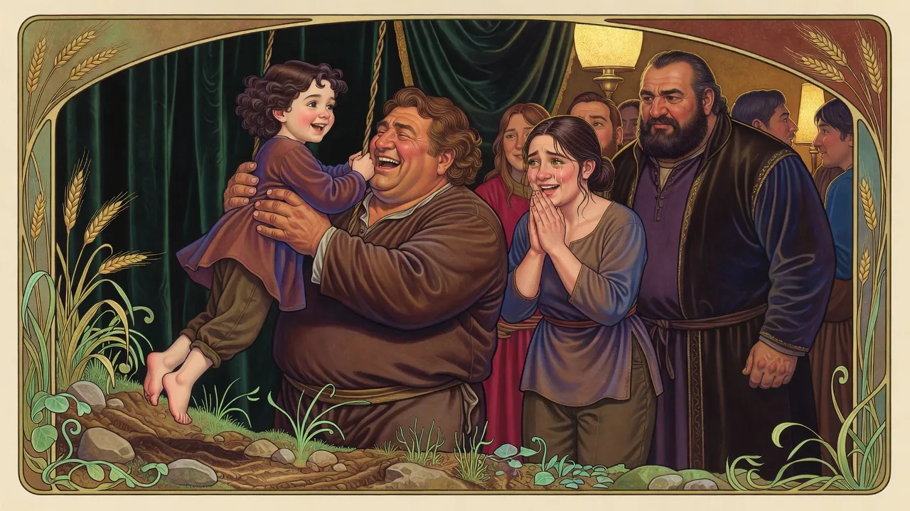 In a lamplit room a big, broad brown-haired man swings a laughing little dark-haired girl high over his head while a woman watches, smiling through tears, beside a bearded man.