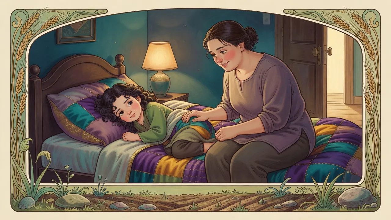 In a small lamplit bedroom, a woman sits on the edge of the bed tucking a quilt around a drowsy little dark-haired girl, light spilling in from a busy landing.