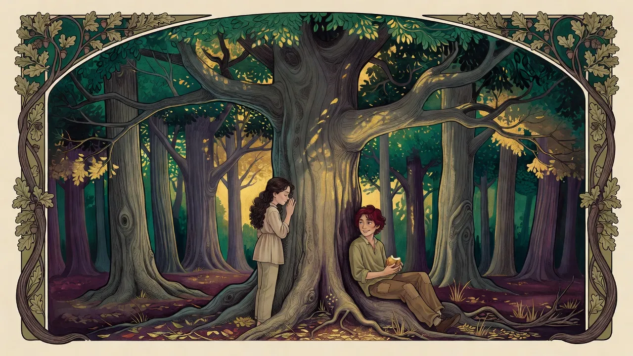 A dark-haired girl presses her hands and forehead to the trunk of a vast tree in a golden forest grove while a red-haired boy sits against it eating fruit.