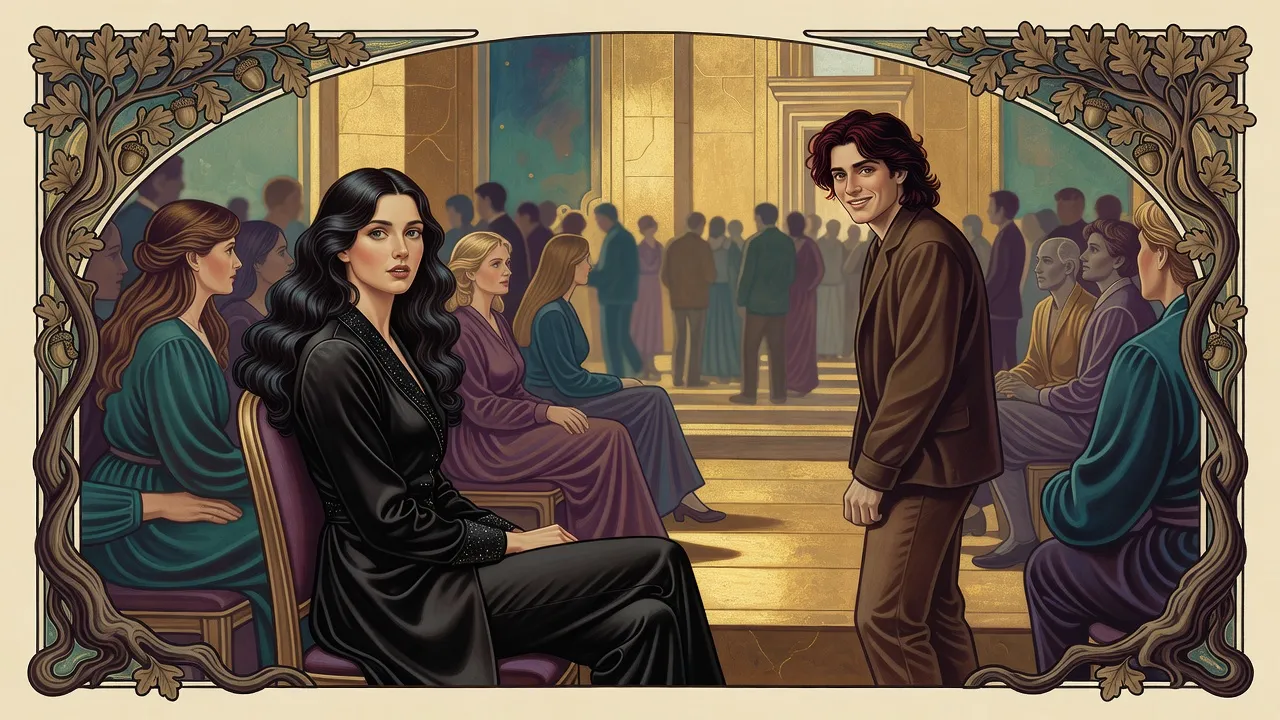 Across a crowded hall of golden stone, a red-haired young man smiles straight at a startled dark-haired woman in black.