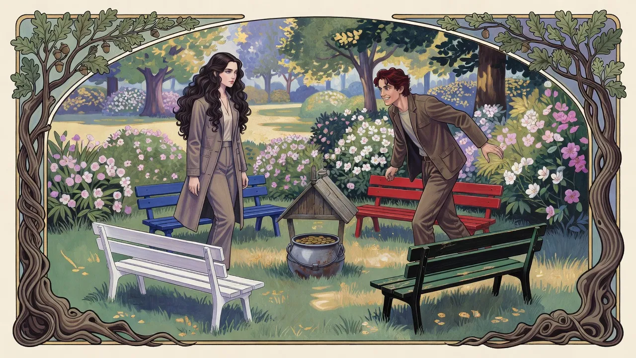 In a small green park with five coloured benches round a cauldron, a dark-haired woman rises as a red-haired young man pushes through the bushes toward her.
