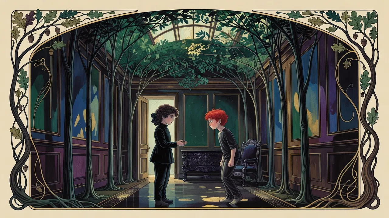 In a tall entry hall where living trees grow up the walls, a prim dark-haired girl holds out her hands to a wary red-haired boy.
