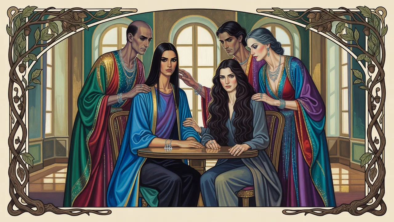 Three tall, thin, jewelled foreigners crowd around two seated women at a sunlit table; one woman lays her hand on the other’s arm.