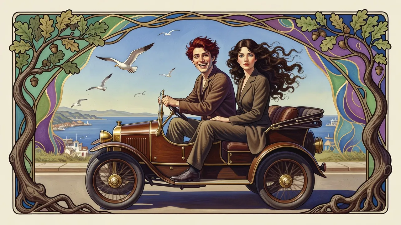 A small open motor car speeds along a sunny coast road, a red-haired man at the wheel and a dark-haired woman beside him with her curls streaming.
