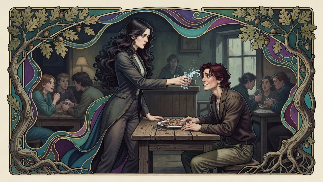 In a seedy waterfront eating house a dark-haired woman jumps up and flings a glass of water into the face of a red-haired man while other patrons turn to stare.