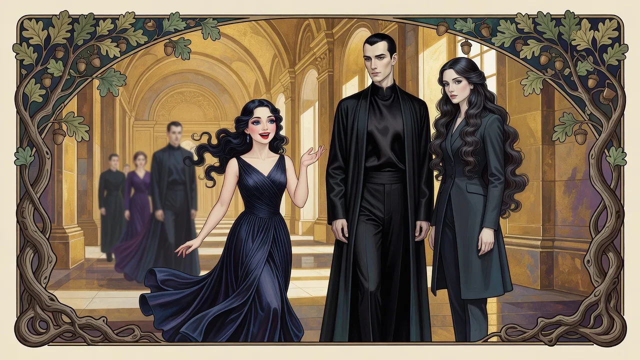 A small, laughing black-haired princess in a blue sheath gown sweeps into a palace hall where a man in black and a dark-haired woman wait to receive her.