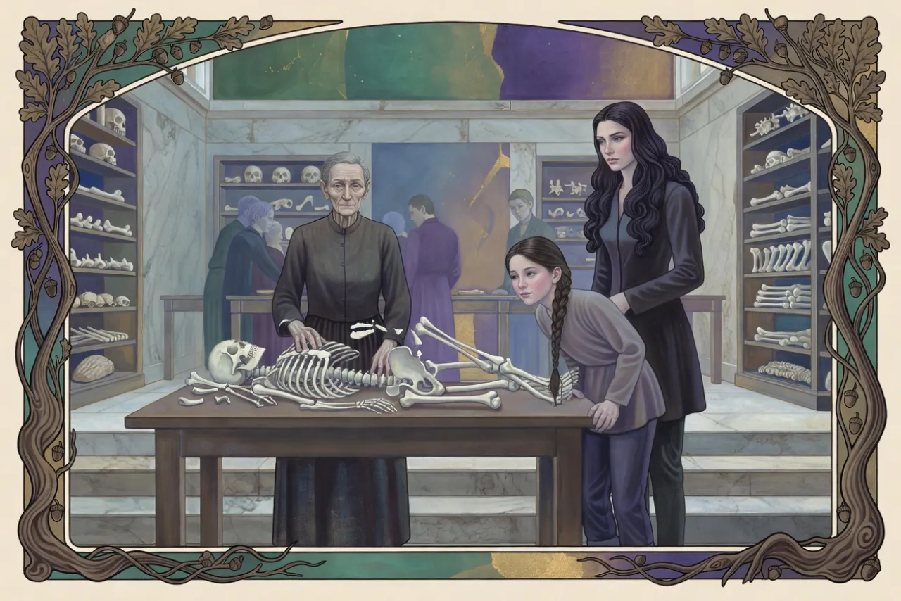 In a marble lecture room an old woman lays her hands on a broken skeleton as its pieces come together, watched by an eager girl and a dark-haired woman.