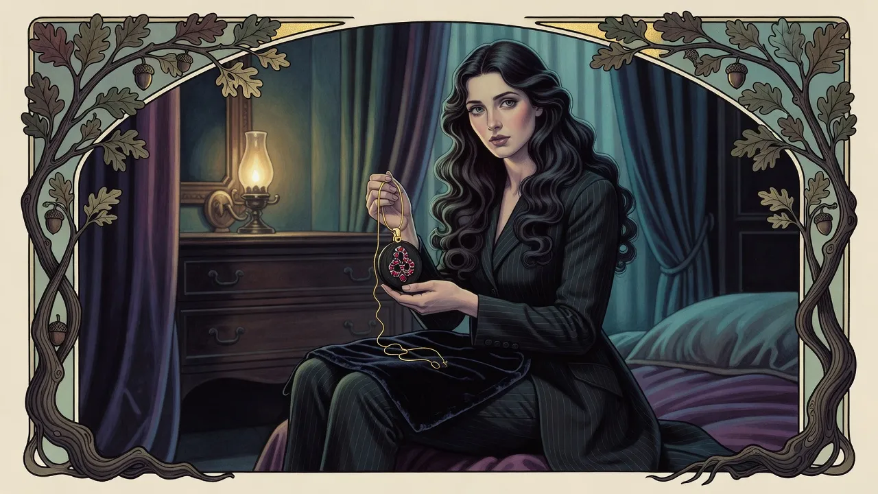 By the light of a single wall lamp a dark-haired woman sits on the floor holding up a small dark pendant set with garnets, a square of black velvet open in her lap.