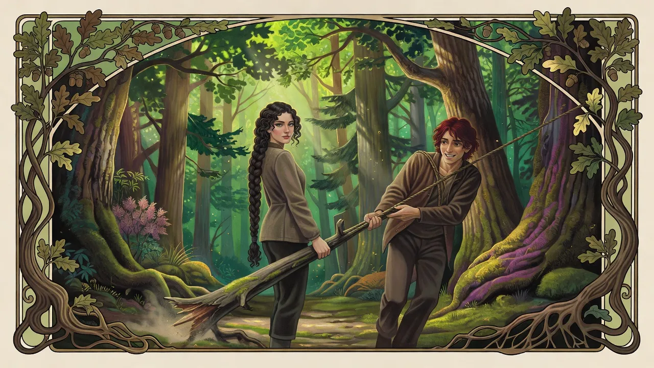 In a deep green forest a young woman and a red-haired young man lean into ropes, dragging a long, heavy branch along a mossy path.