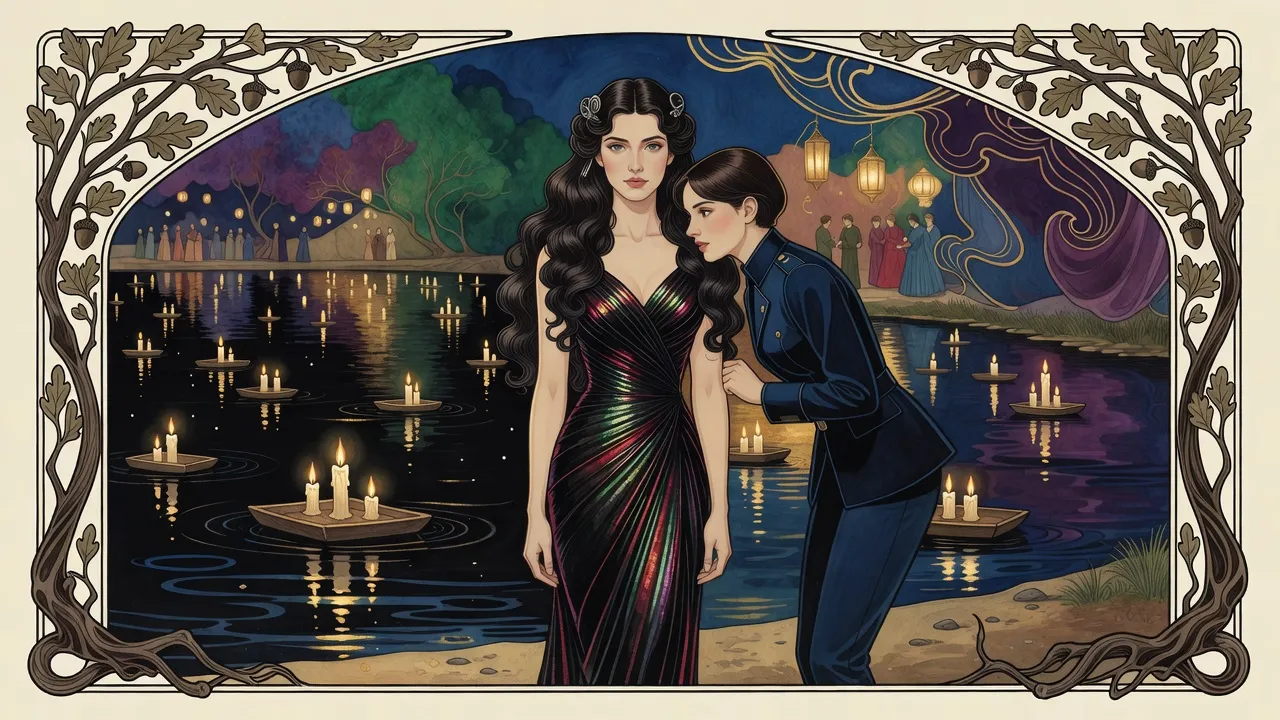 At night beside a lake covered in floating candles, a dark-haired woman in a slim black gown listens as a short-haired woman guard leans in to speak.