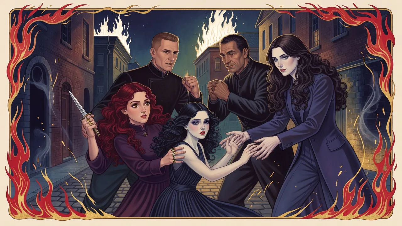 Under a white glare of fire over dark brick warehouses, a guard faces a hard-eyed man while a red-haired young woman with a small dagger pushes a black-haired princess toward a dark-haired woman.