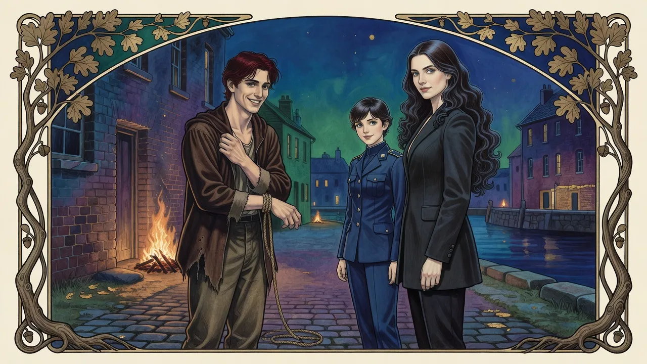 In firelight at night, a red-haired man rubs his rope-marked wrists and looks at a dark-haired woman while a woman guard stands between them, smiling slightly.