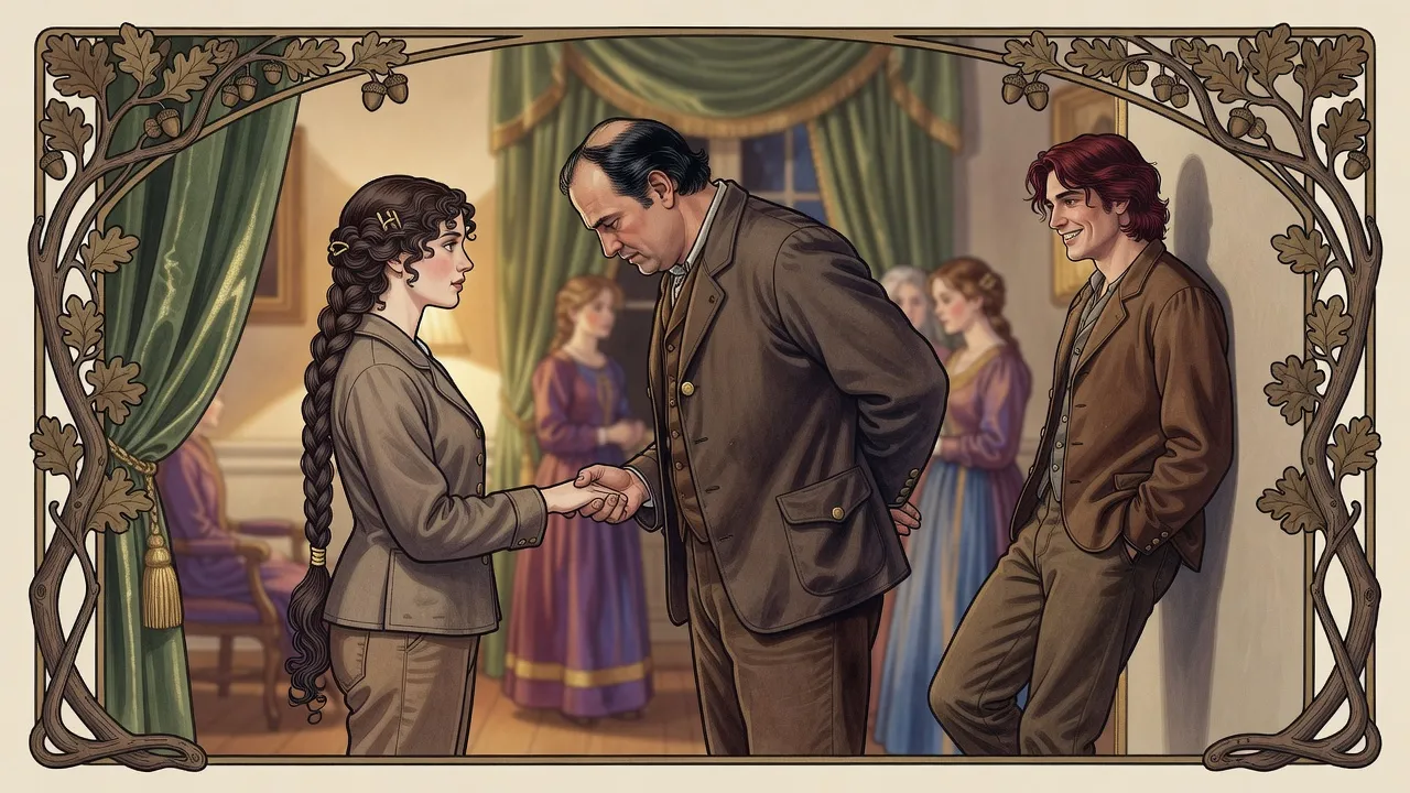 In a lamplit country parlour a young woman gives her hand to a tall, sturdy young man while a red-haired young man laughs with two girls across the room.