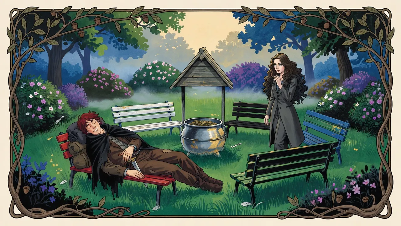 At dawn in a misty park, a red-haired man sleeps on a red bench wrapped in a black cloak while a dark-haired woman stops short at the edge of the ring of benches.