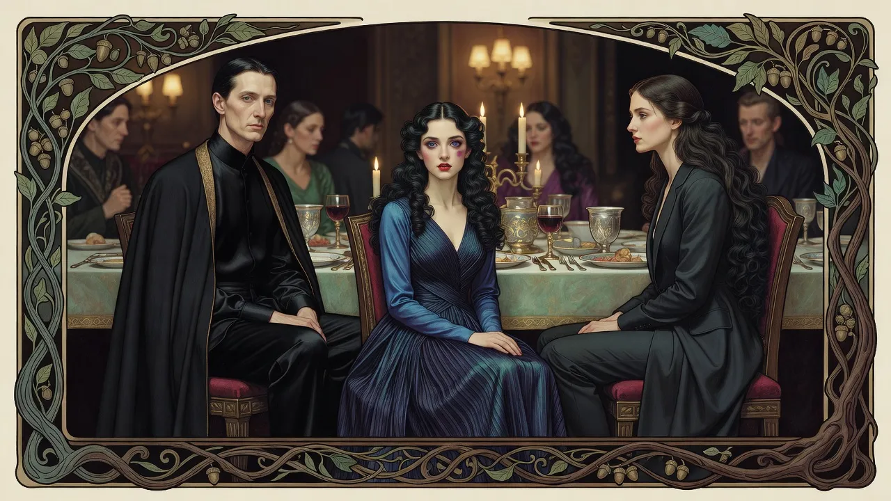 At a lamplit palace dinner a pale, bruised black-haired princess in sapphire speaks while a grave man in black and a dark-haired woman listen.