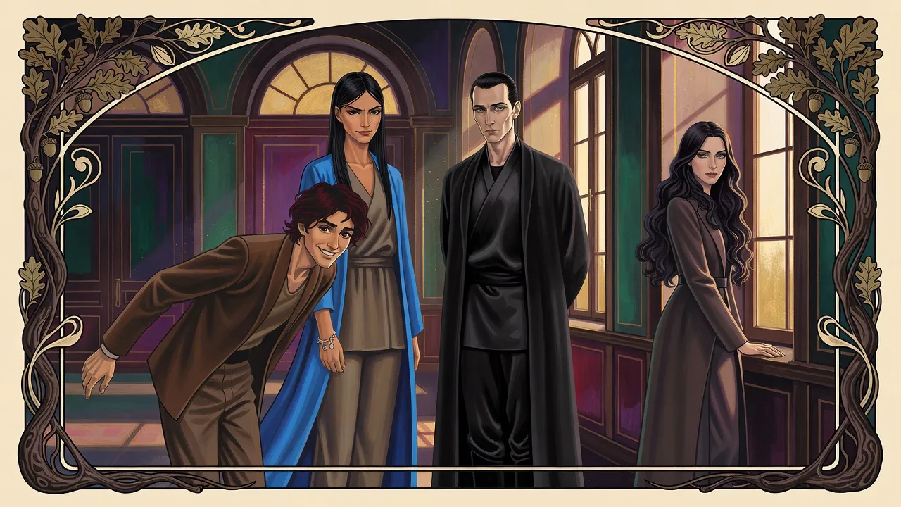 In a panelled palace room a red-haired man sweeps a deep bow to an amused tall woman in blue while a man in black and a dark-haired woman watch.