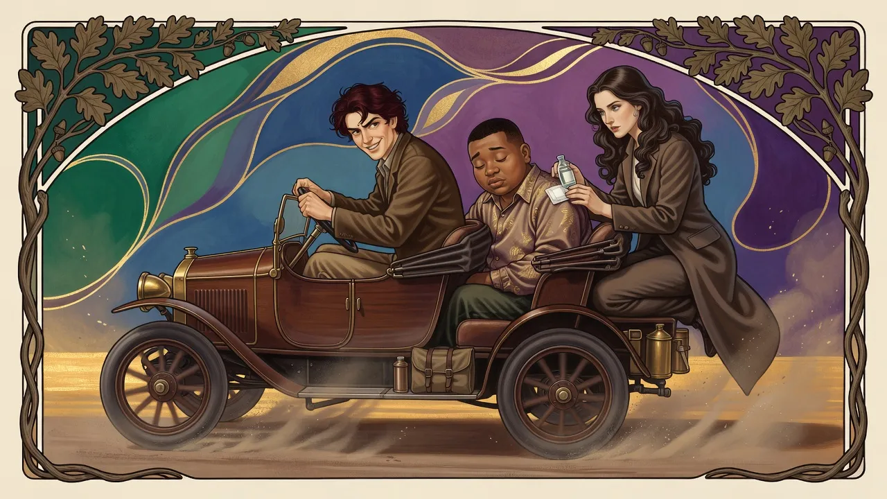 In an open car racing along a dusty road, a dark-haired woman tends a wounded young man in a gold-embroidered shirt while a red-haired man drives.