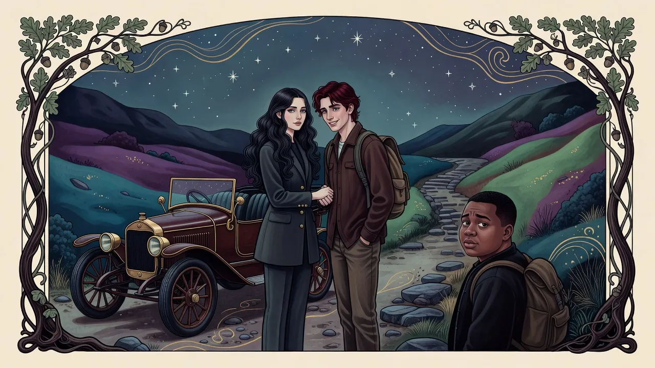 At night at the foot of dark mountains, a dark-haired woman holds the hand of a red-haired man with a pack while another young man waits on the trail above.