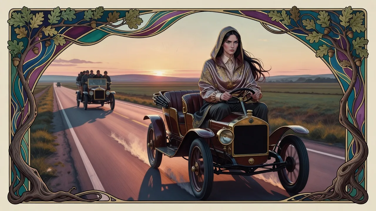 At dawn a woman drives an open car down a long highway, a gold-embroidered shirt draped over her head like a hood, a larger dark transport far behind.