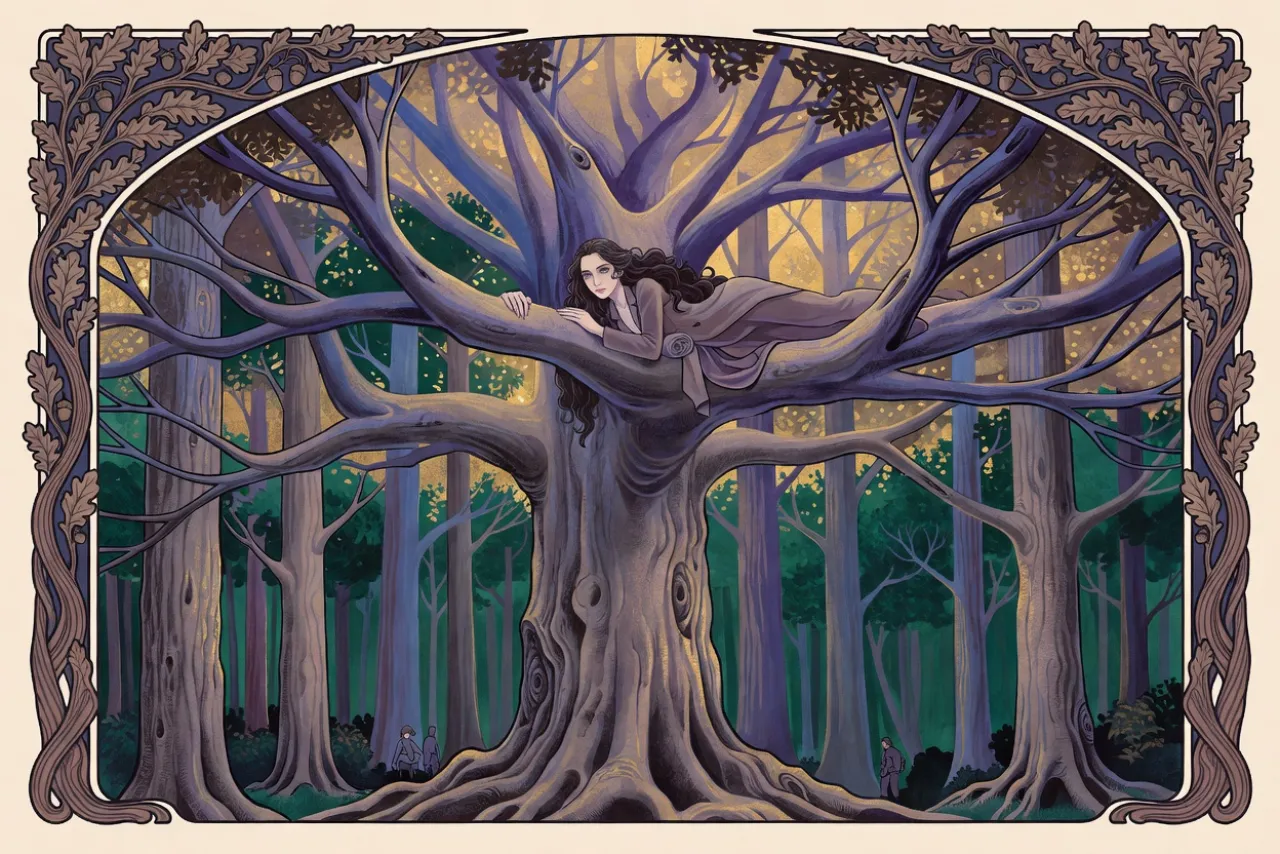 High in the spreading branches of a vast forest tree, a dark-haired woman clings to the bark and looks down at men searching among the trunks far below.