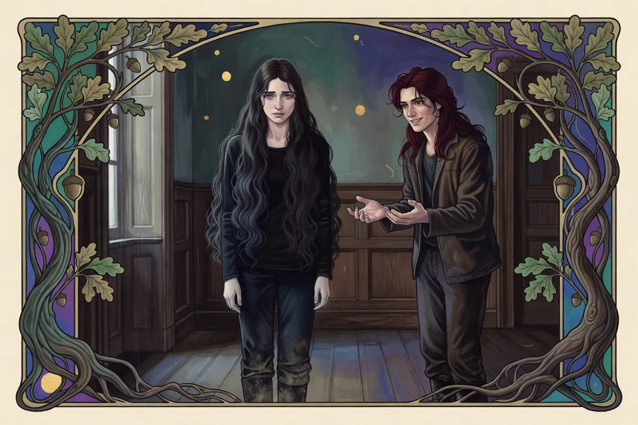 In a dim, quiet country-house room, a red-haired man holds out his hands to a pale, grief-stricken dark-haired woman a few paces away.