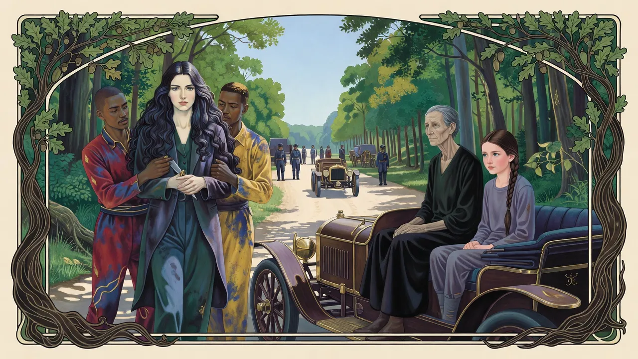 At a forest’s edge two men hold a dishevelled woman at knifepoint while soldiers in dark blue line the road beyond, where an old woman and a girl sit low in an open car.