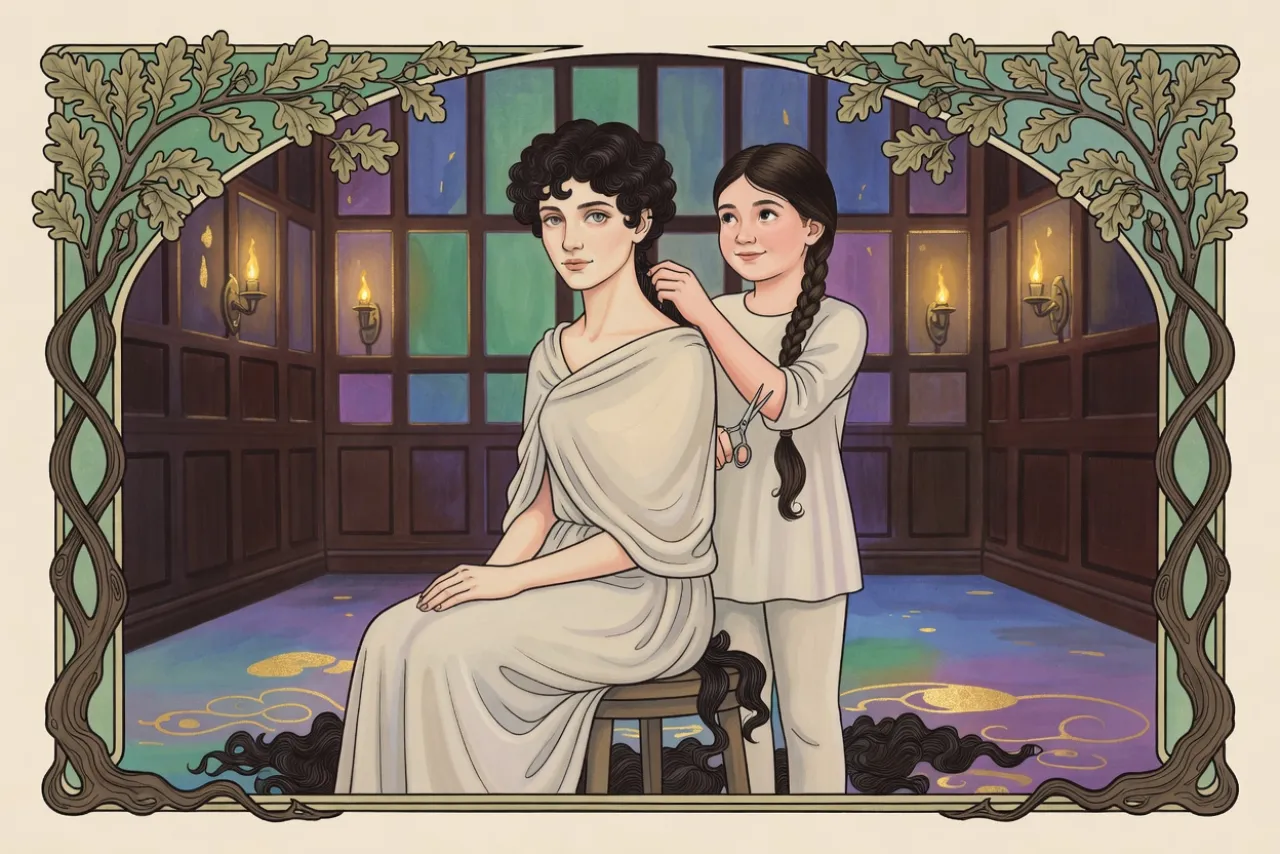 In a gaslit, wood-panelled room a woman with newly cropped dark hair sits on a stool among fallen curls while a girl with scissors stands behind her.
