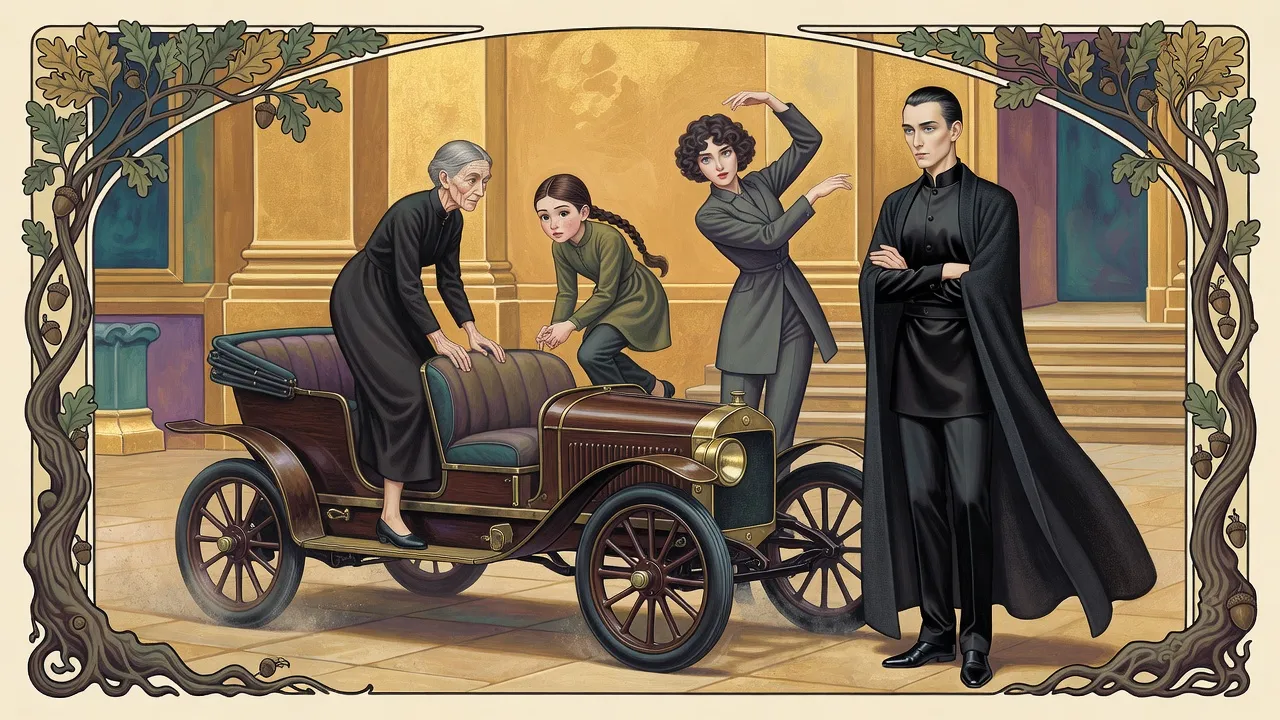 Outside a palace of golden stone an old woman, a girl and a short-haired young woman climb from a dusty open car while a man in black waits with his arms crossed.