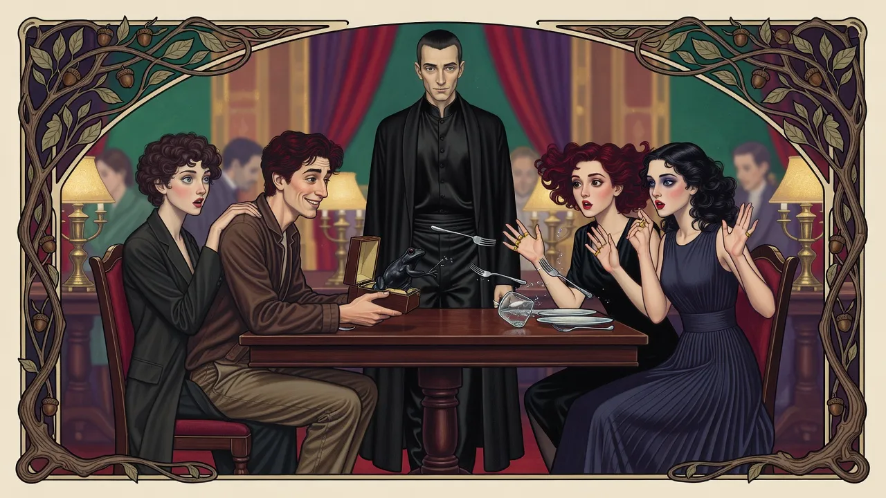 At a lamplit palace dinner a small black frog leaps from an open box held by a red-haired man while women jump up from the table, a short-haired woman stares, and a man in black smiles faintly.