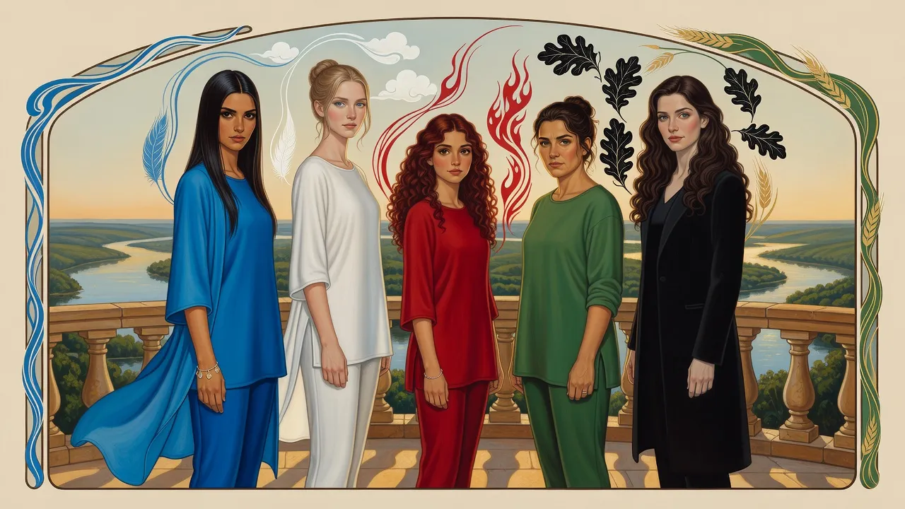 Five young women stand in a loose arc on a stone terrace above a river valley at sunset, dressed in blue, white, red, green and black.