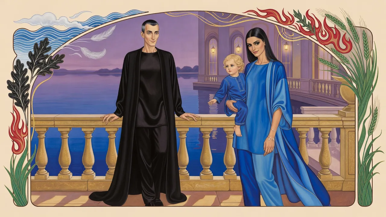 A tall dark-haired woman in bright blues holds a curly-haired toddler on her hip beside a lean man in black at a stone balustrade above a lake at dusk.