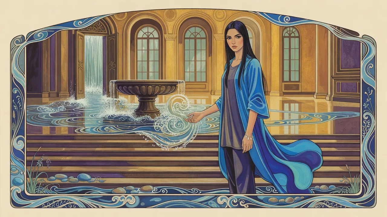 A tall woman in blue stands calmly on a stair, one hand raised, as a river pours across the floor of a great golden hall around a half-drowned bronze fountain.