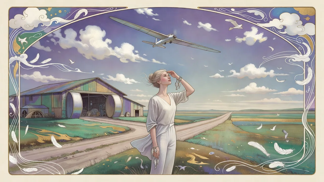 A tall, fair-haired young woman in white stands on a windy rise at a flying field, shading her eyes to watch a small silver flying machine climb into a cloudy sky.