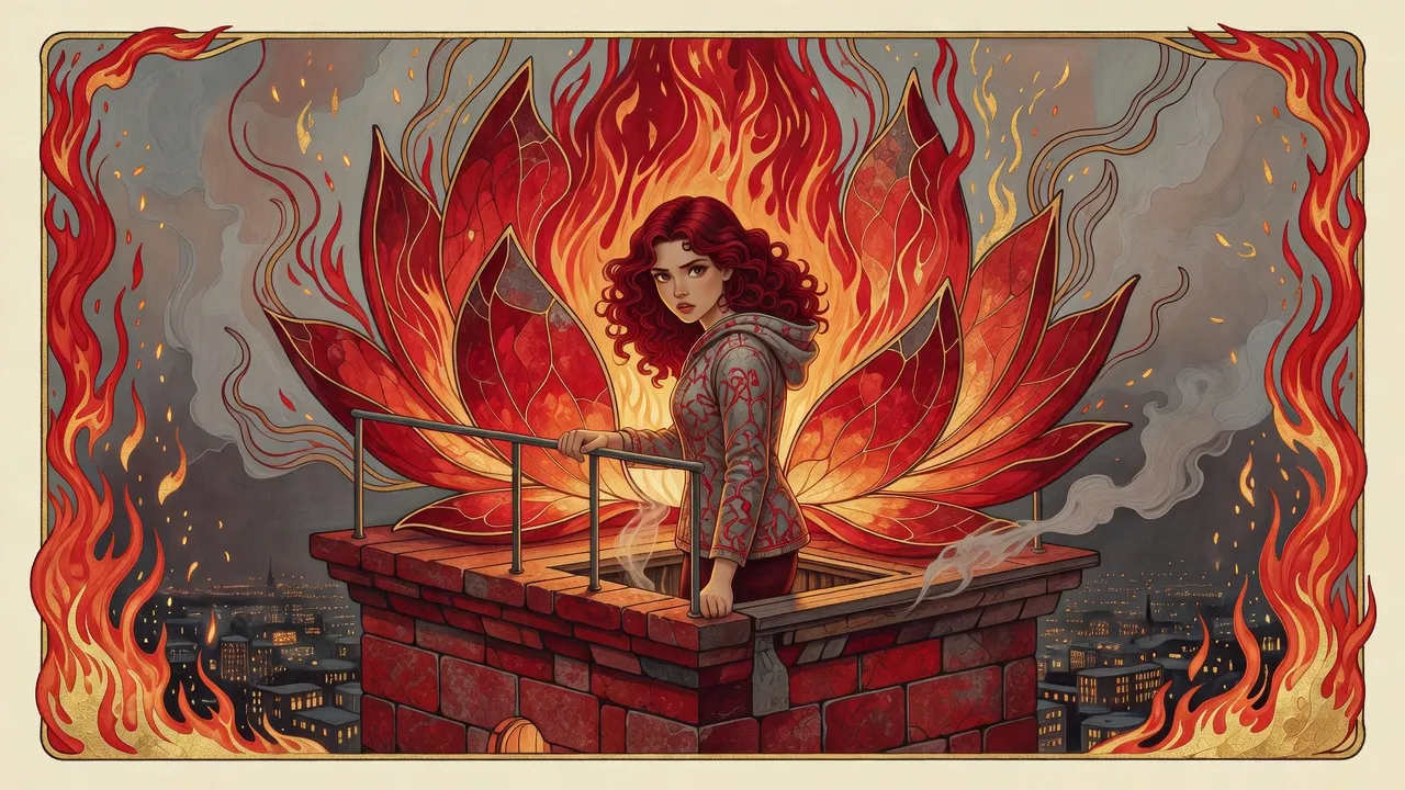 A small red-haired young woman in a grey jacket stands at the rail of a tower roof at night, a huge fire blazing behind her inside giant petals of coloured glass.