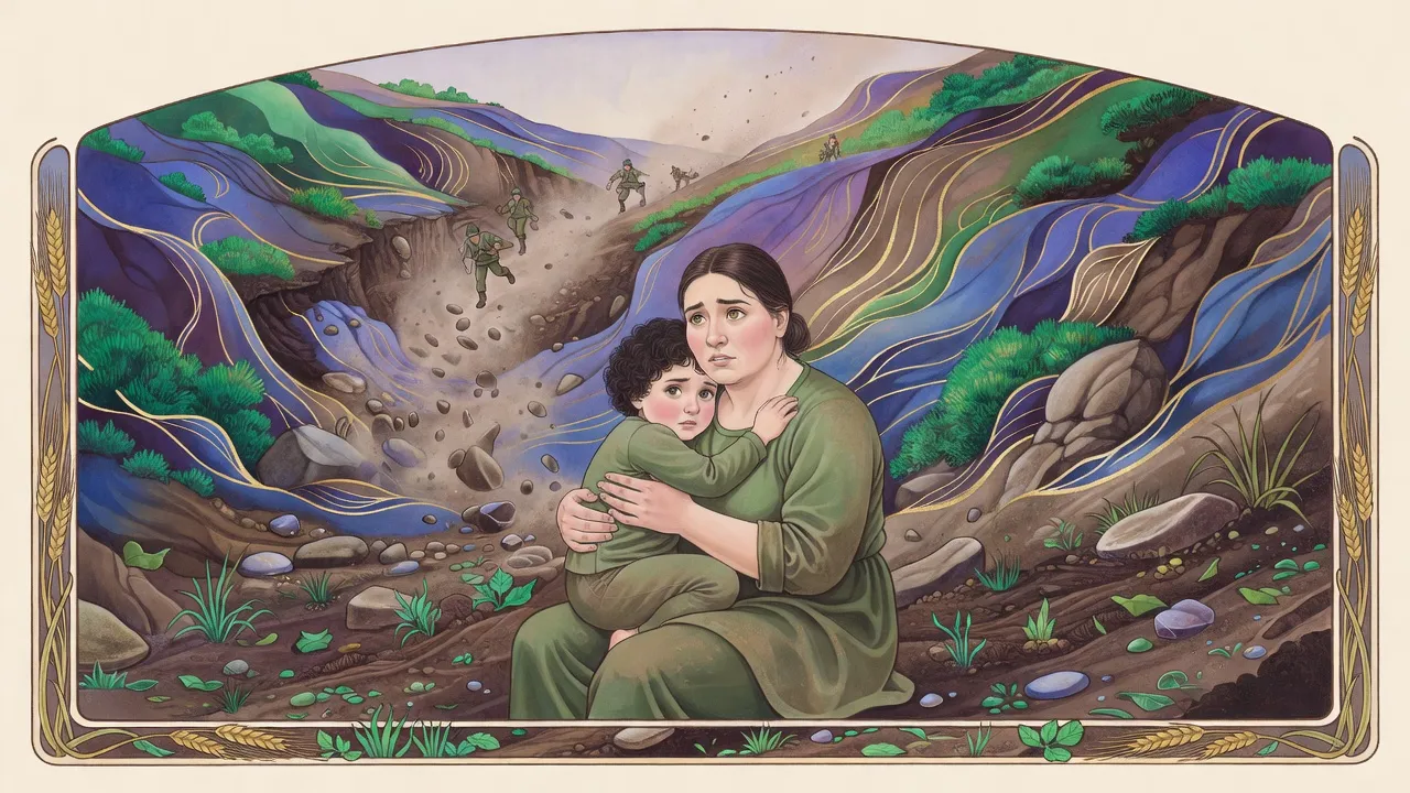 A stocky dark-haired woman sits on a heaving rocky hillside clutching a small dark-curled girl, as stones tumble down the slope and distant soldiers run.